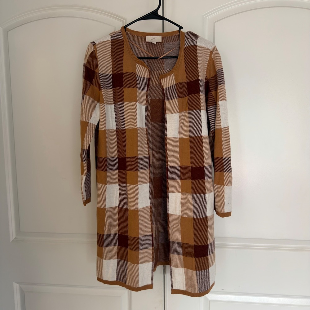 LOFT Outlet Womens Plaid Longline Cardigan Sweater Brown Rust Check Size M